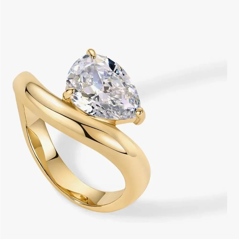 14K Yellow Gold Wavy Diamond Engagement Ring Pear Cut Solitaire Statement Ring